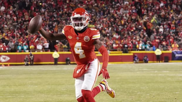 Kansas City Chiefs wide receiver Rashee Rice scores a touchdown against the Miami Dolphins.